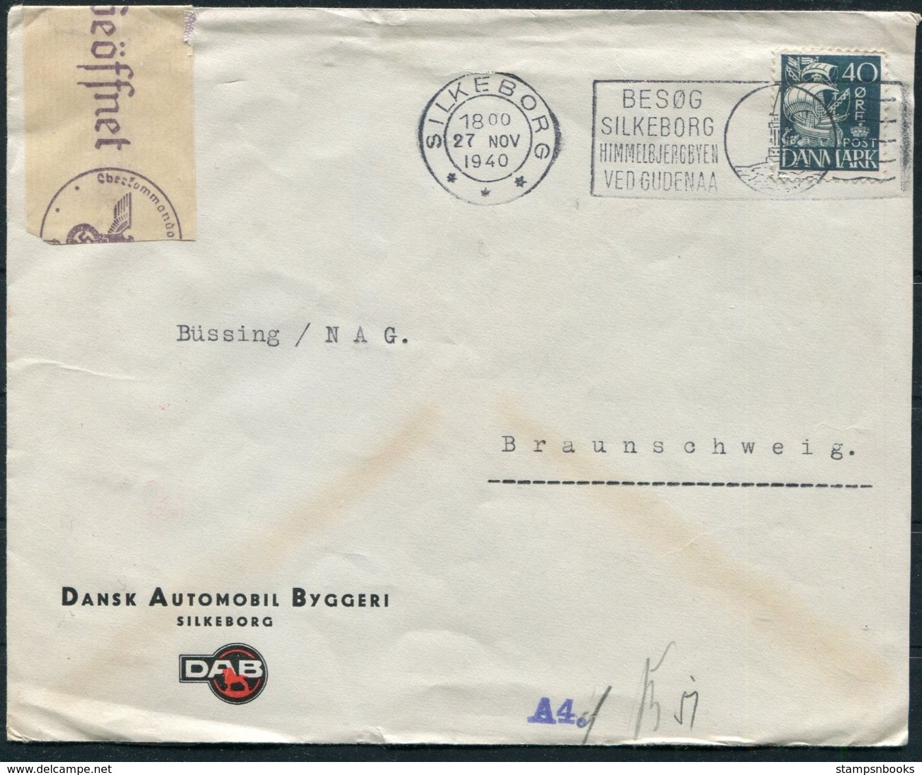 1940 Denmark Silkeborg, Dansk Automobil Byggeri Illustrated Censor Cover - Braunschweig Germany - Covers & Documents