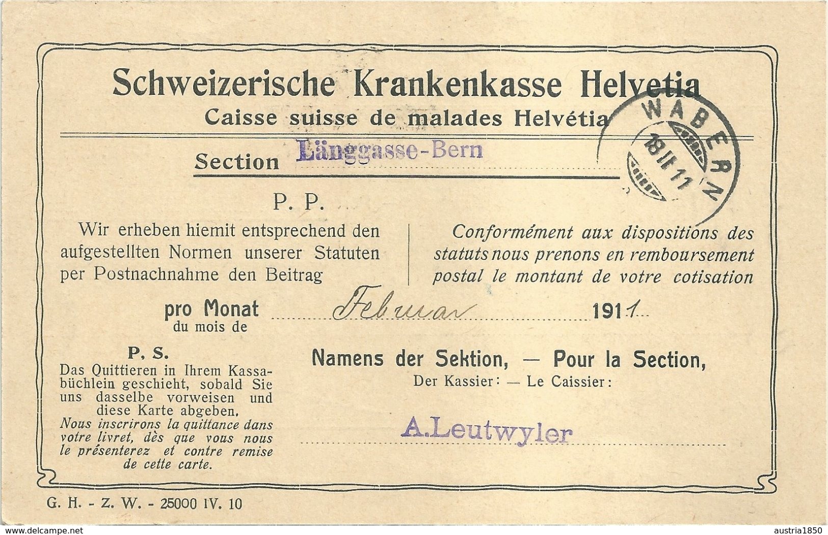 1911- Imprimé Contre Remboursement - "Bern" En Local - Caisse Suisse Des Malades Helvetia - Storia Postale