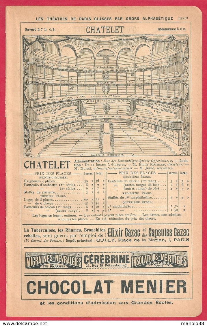 Les Théâtres De Paris. Chatelet, Théâtre Cluny.. Infos Divers: Plan, Administration, Prix Des Places.. Recto-verso. 1901 - Historical Documents