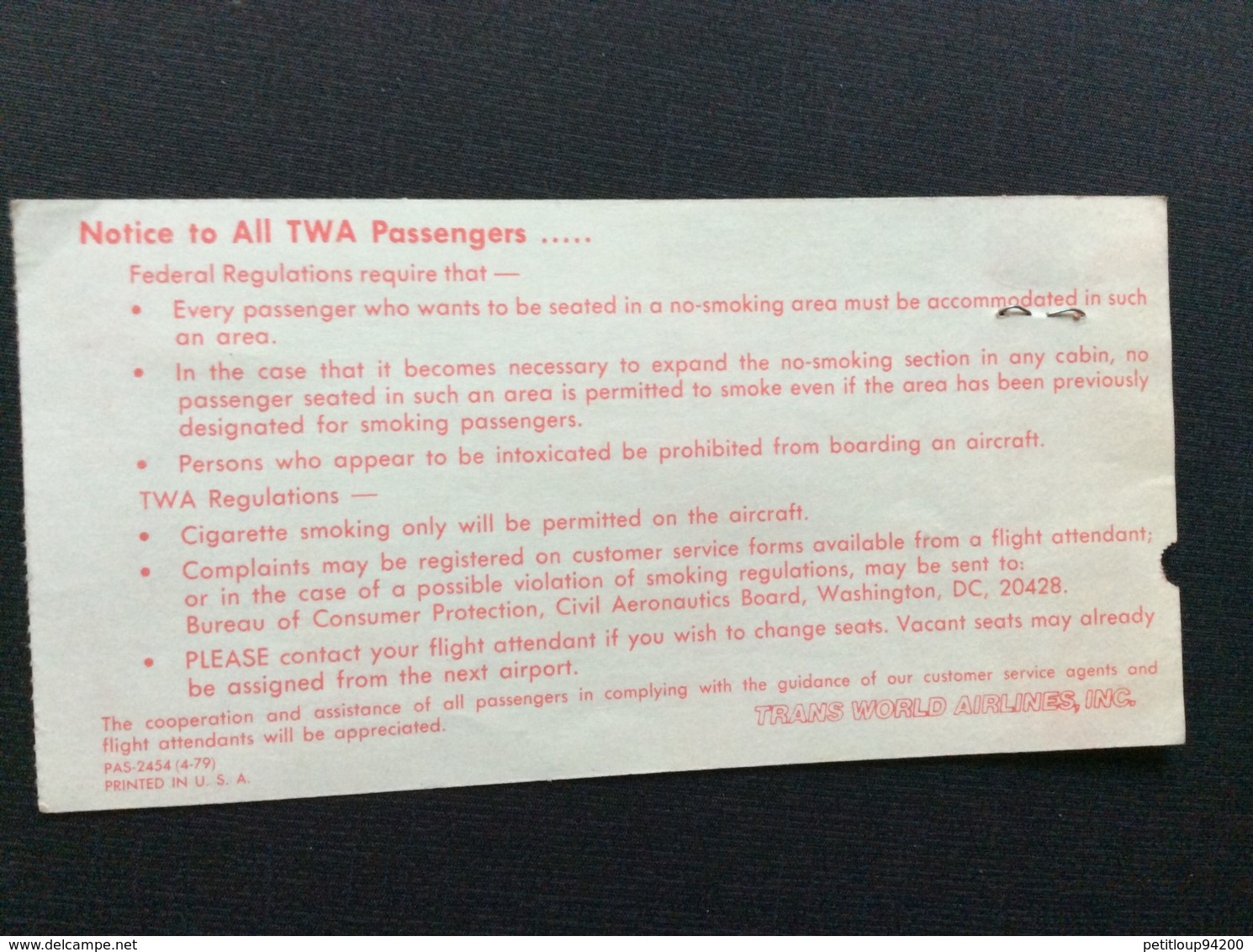CARTE D'EMBARQUEMENT BOARDING PASS TWA  San Francisco>Londres  ANNÉE 1979 - Boarding Passes