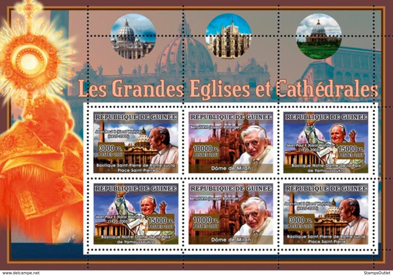 Guinea 2007 MNH - ART - Churches, Pope John Paul II, Pope Benedict XVI. YT 3008-3010, Mi 4827-4829 - Guinea (1958-...)