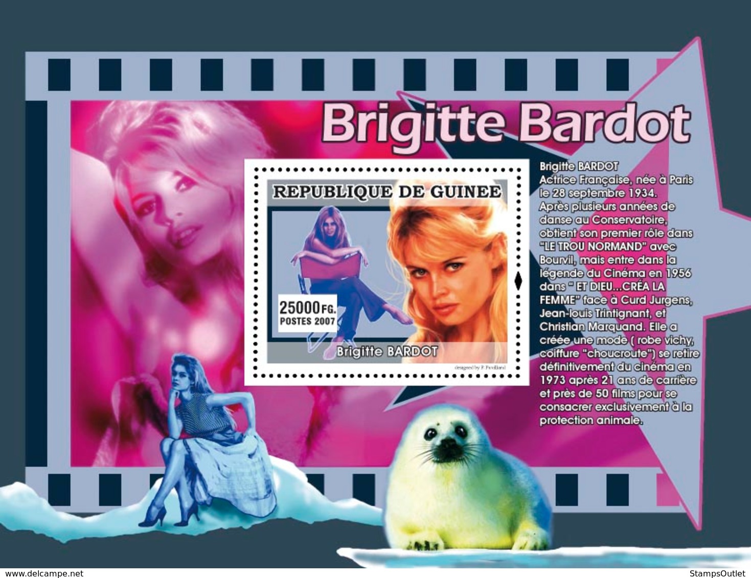 Guinea 2007 MNH - CINEMA: French Stars Females: Brigitte Bardot, The Animals Protection. YT 654, Mi 4995/BL1329 - Guinea (1958-...)