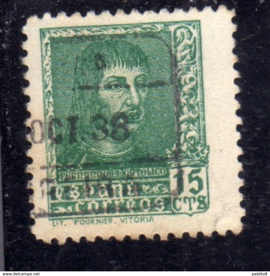 SPAIN ESPAÑA SPAGNA 1938 FERDINAND THE CATHOLIC FERDINANDO IL CATTOLICO CENT. 15c USED USATO OBLITERE' - Gebraucht