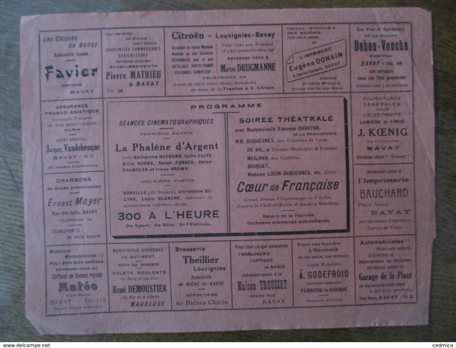 BAVAY CINEMA REXY 10 ET 11 NOVEMBRE 1937 LA PHALENE D'ARGENT ET THEÂTRE COEUR DE FRANCAISE DRAME D'ESPIONNAGE - Programmi