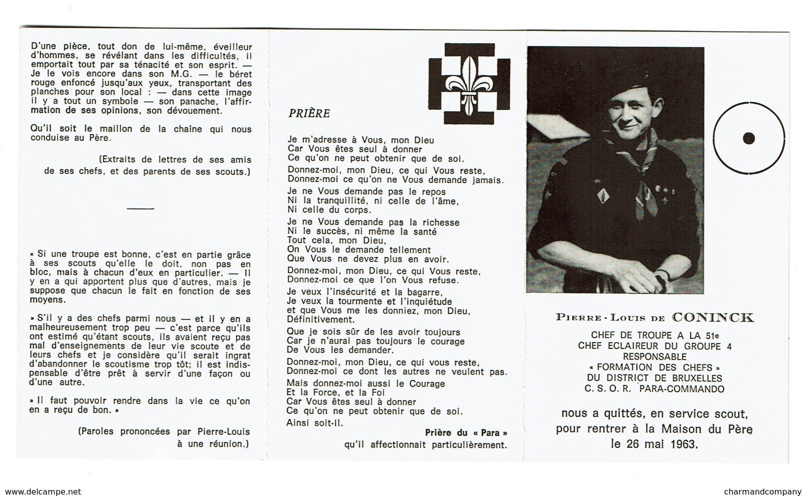 Souvenir Pieux - Pierre-Louis De CONINCK - Chef De Troupe à La 51è - C.S.O.R. Para-Commando / 1963 - Scoutisme - Scouting