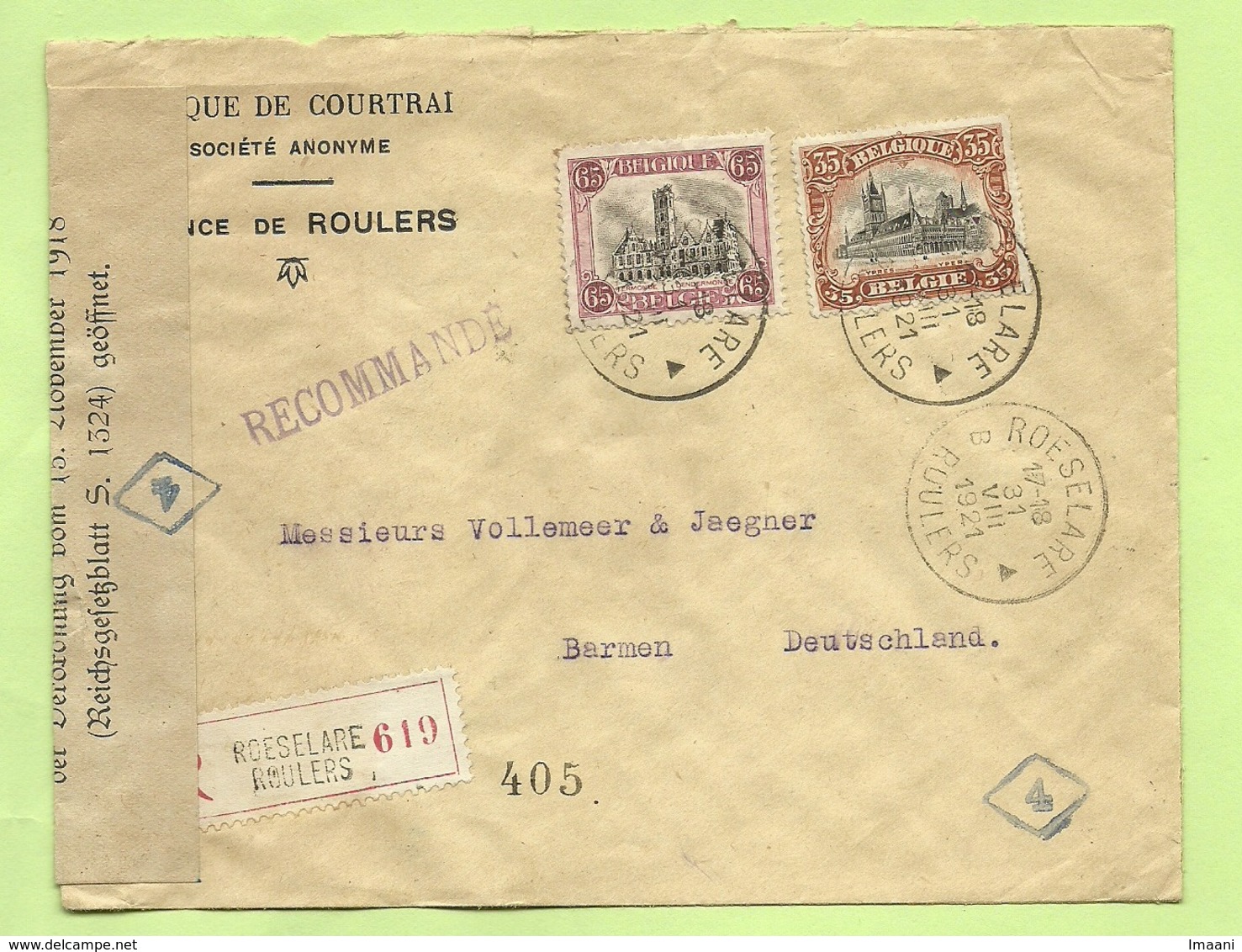 142+182 (Dendermonde) Brief Aangetekend Stempel ROESELARE, Economische Censuur GEOFFNET / REICHSFINANZVERWALTUNG (B454) - Covers & Documents