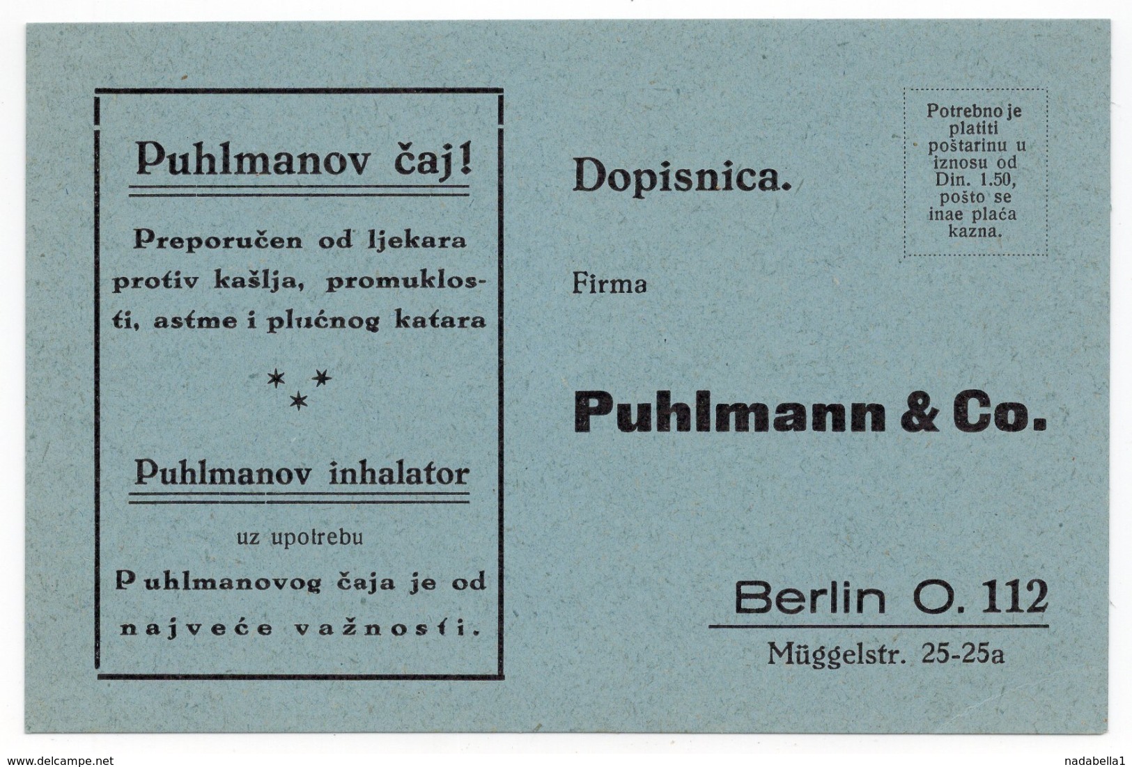 1930s YUGOSLAVIA, PUHLMANN AND CO, TEE AND INHALER, ADVERTISEMENT - Medicina