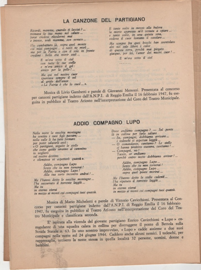 Canti Partigiani, Associazione Nazionale Partigiani D'Italia Di Reggio Emilia, Anno 1965 - Guerra 1939-45