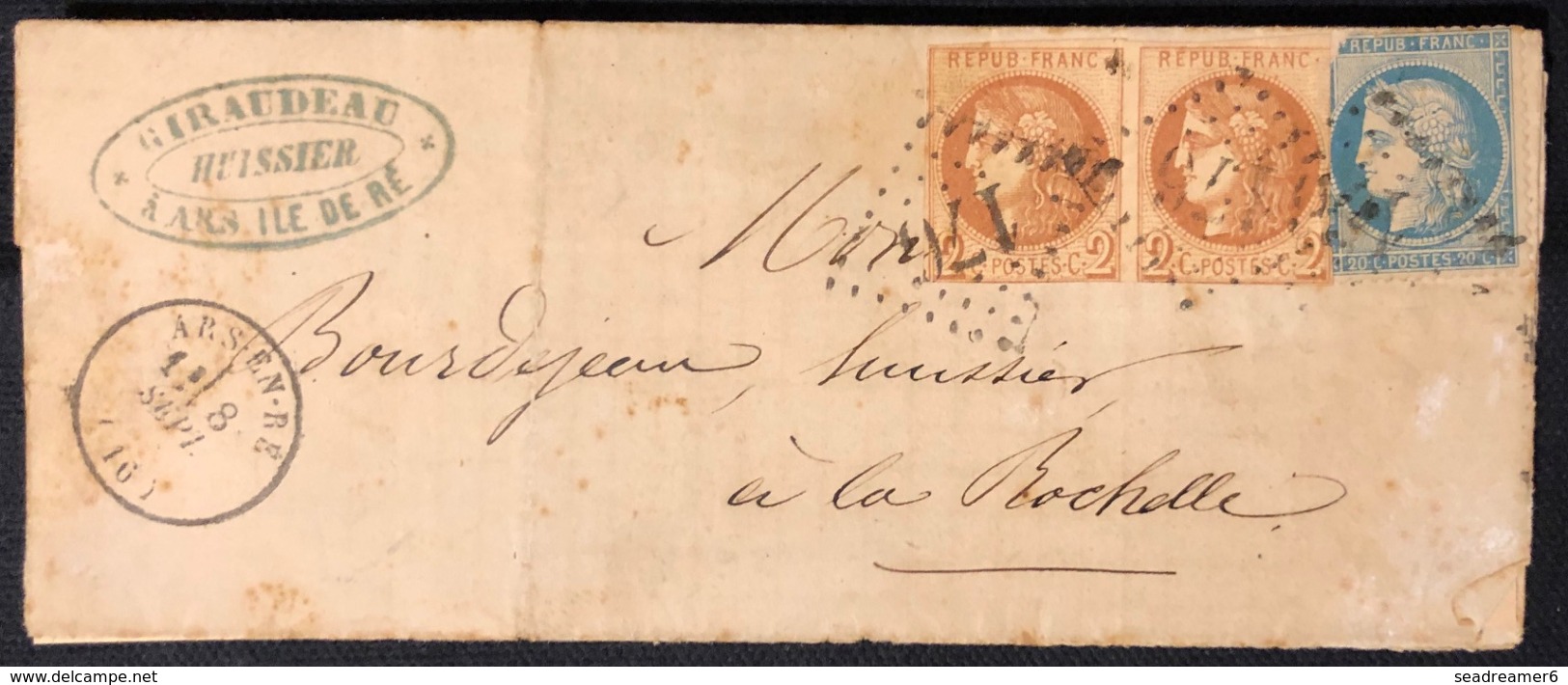 Lettre Bordeaux Sept 71 Avec N°40B En Paire, Siège N°37 Obl GC 176 De Ars En Ré !!  Manque Le 1c Pour Faire 25cts ... - 1870 Uitgave Van Bordeaux