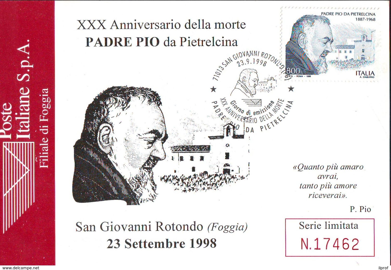 Padre Pio 30° Della Scomparsa Cartolina Con Francobollo E Annullo 1998 - Santi