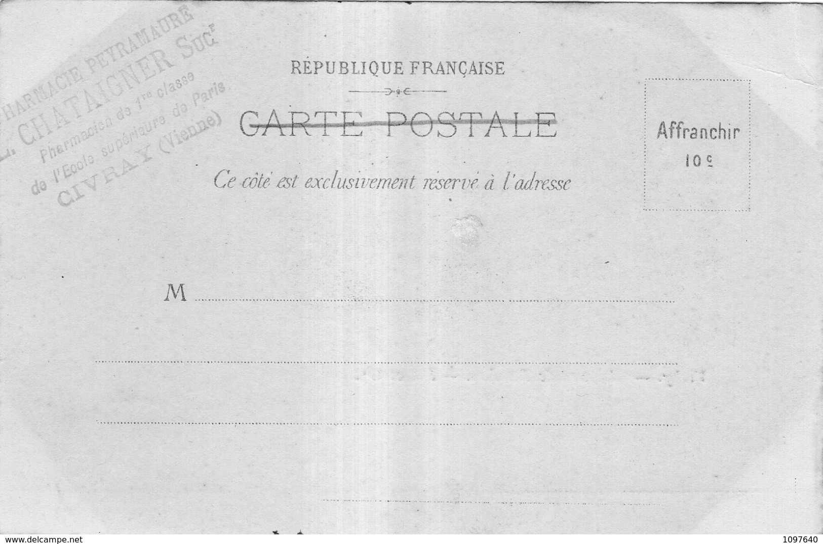 VICHY CHÂTEAU DE RANDAN CACHET PHARMACIE PEYRAMAURE L.CHATAIGNER  CIVRAY (VIENNE)1901 PRECURSEUR - Vichy