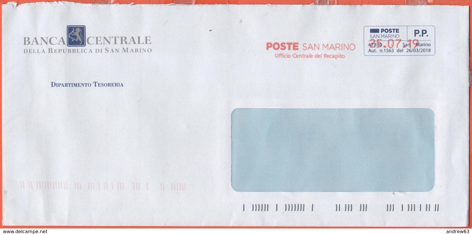 SAN MARINO - 2019 - P.P. + Ema, Red Cancel - Banca Centrale Della Repubblica Di San Marino - Viaggiata Da San Marino - Lettres & Documents