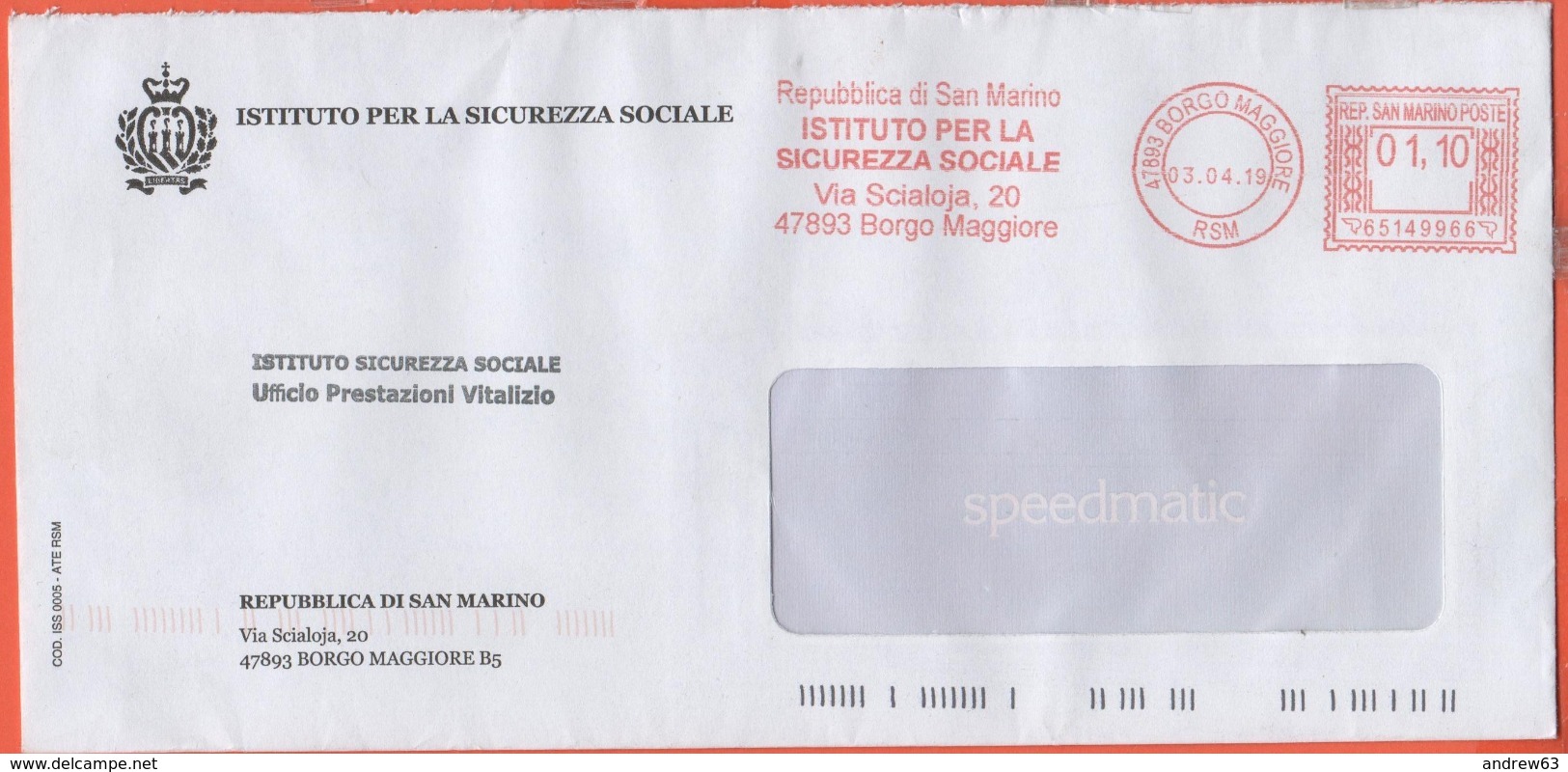 SAN MARINO - 2019 - 01,10 Ema, Red Cancel + Flamme Istituto Per La Sicurezza Sociale - Viaggiata Da San Marino - Storia Postale