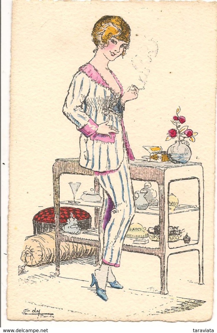 EDY Illustrateur FEMME EN PYJAMA FUMANT Tabac Érotisme  Art Déco - Sonstige & Ohne Zuordnung