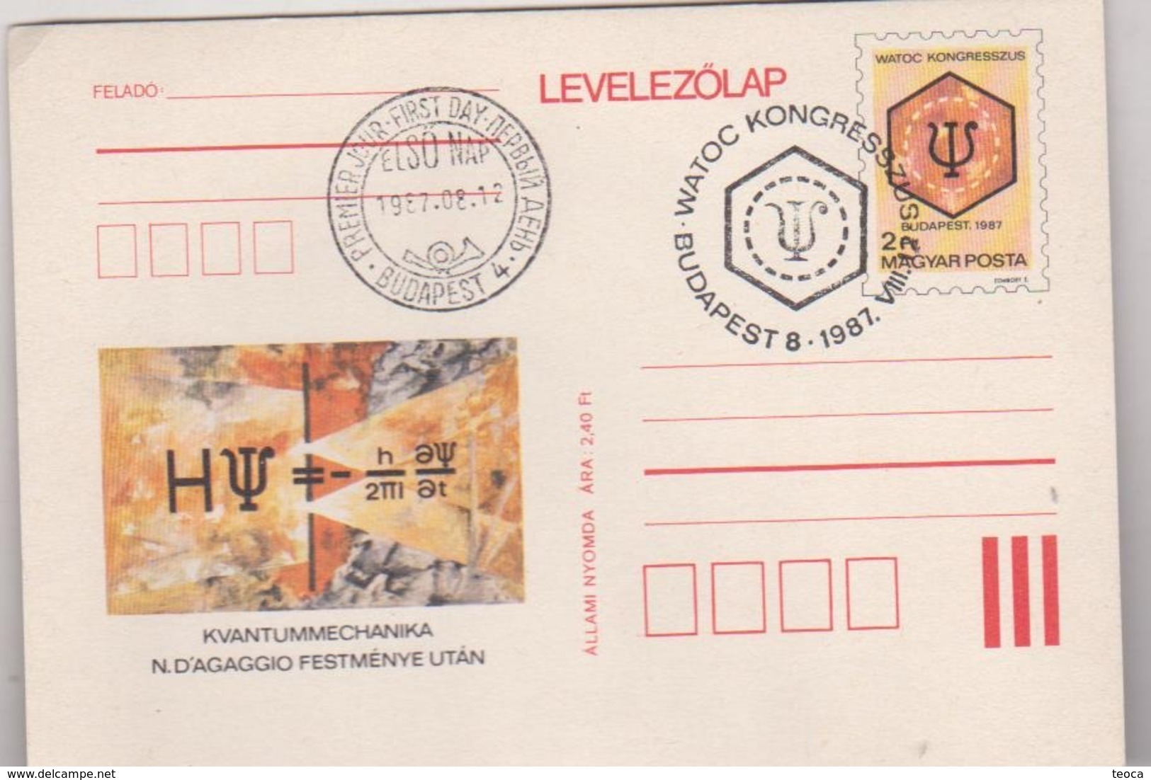 PHYSICS, POSTCARD HUNGARY 1987, THE EQUATION OF SCHRODINGER With Special Postmark - Physics