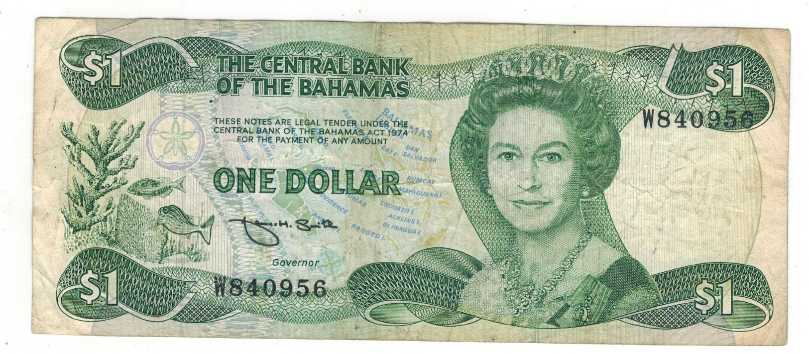 Bahamas 1 Dollar , L.1974.  P-43b, F+. - Bahamas