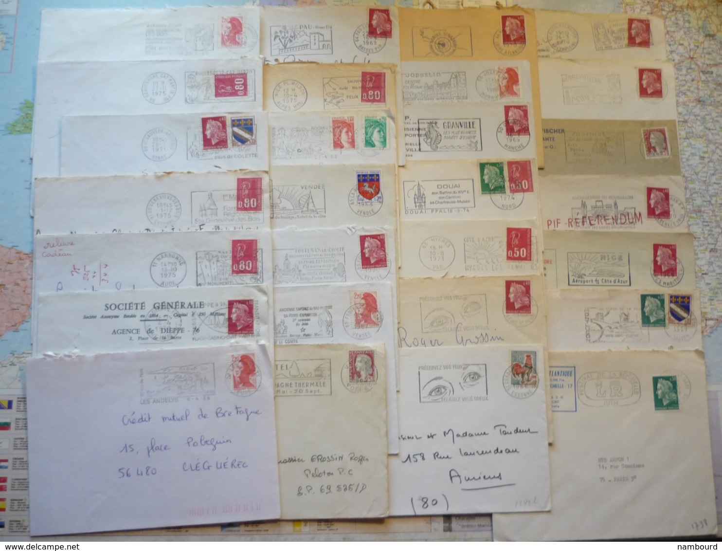 Lot De 106 Flammes D'oblitération Mécanique Différentes De Différents Départements Sur Lettres Entières 1962-1992 - Oblitérations Mécaniques (flammes)