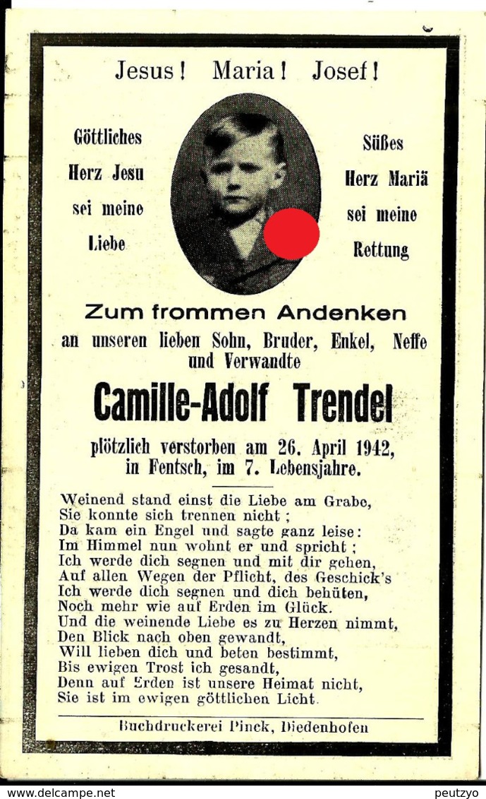 Faire-part Décès Camille Adolph Trendel Fentsch  17/19 - Décès
