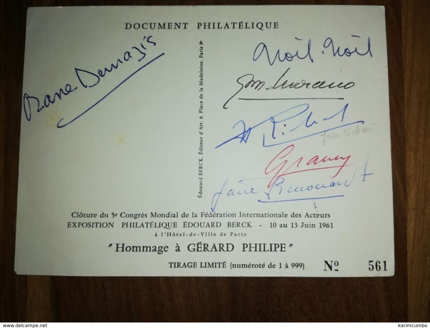 Carte Postale 'hommage A Gerard Phillipe' 1961 Avec Nombreux Autographes(6) Au Verso Et Timbre 1jour Et Numerotés - Sonstige & Ohne Zuordnung