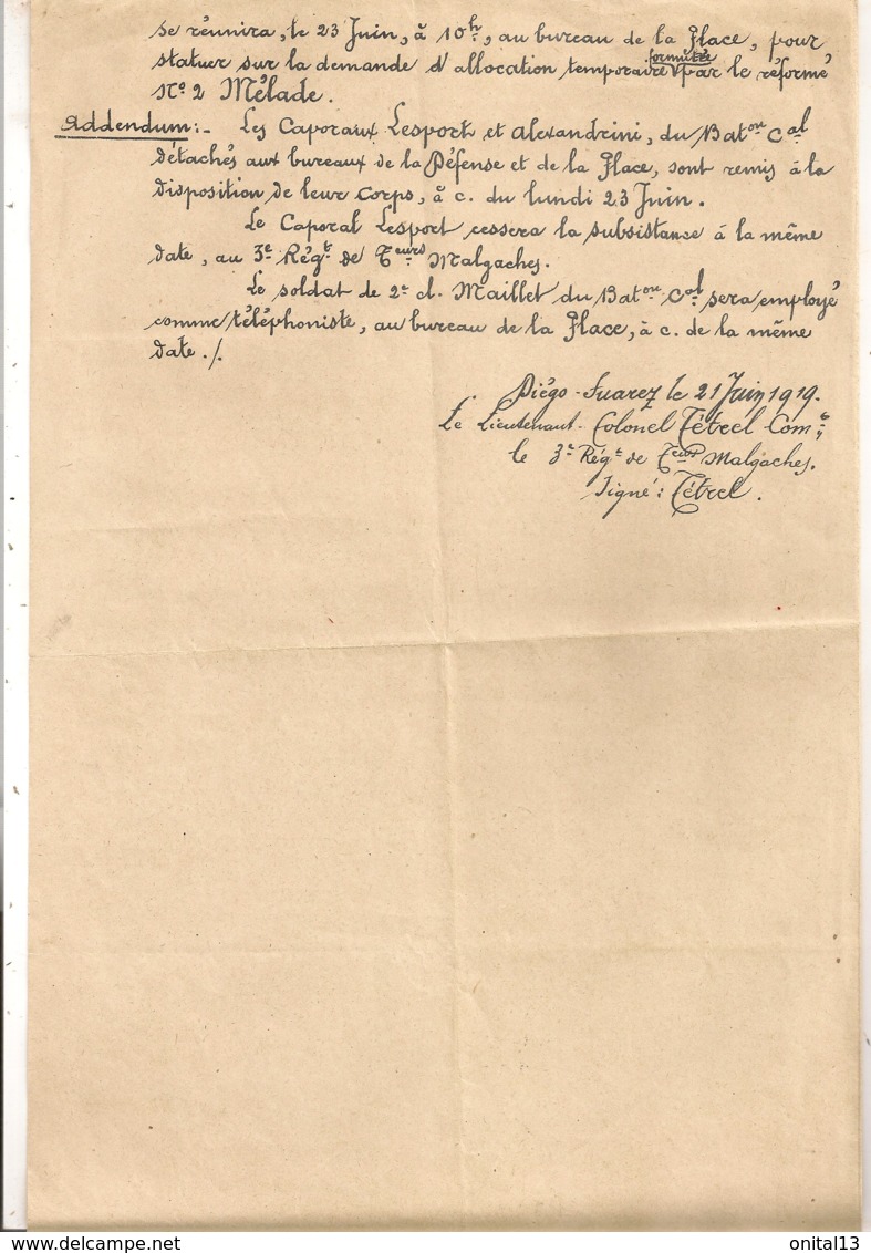 1919 NOTE DE SERVICE / 3EME REGIMENT DE TIRAILLEURS MALGACHES   B1093 - Documents