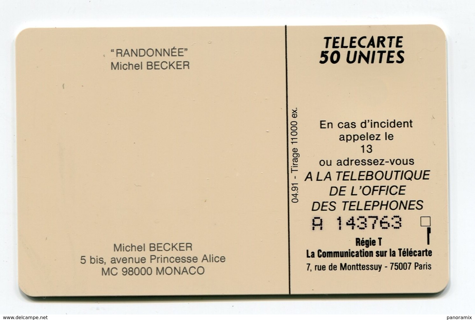 Telecarte °_ Monaco-4-Randonnée-Becker-So3-04.91- R/V 3763 - Mónaco