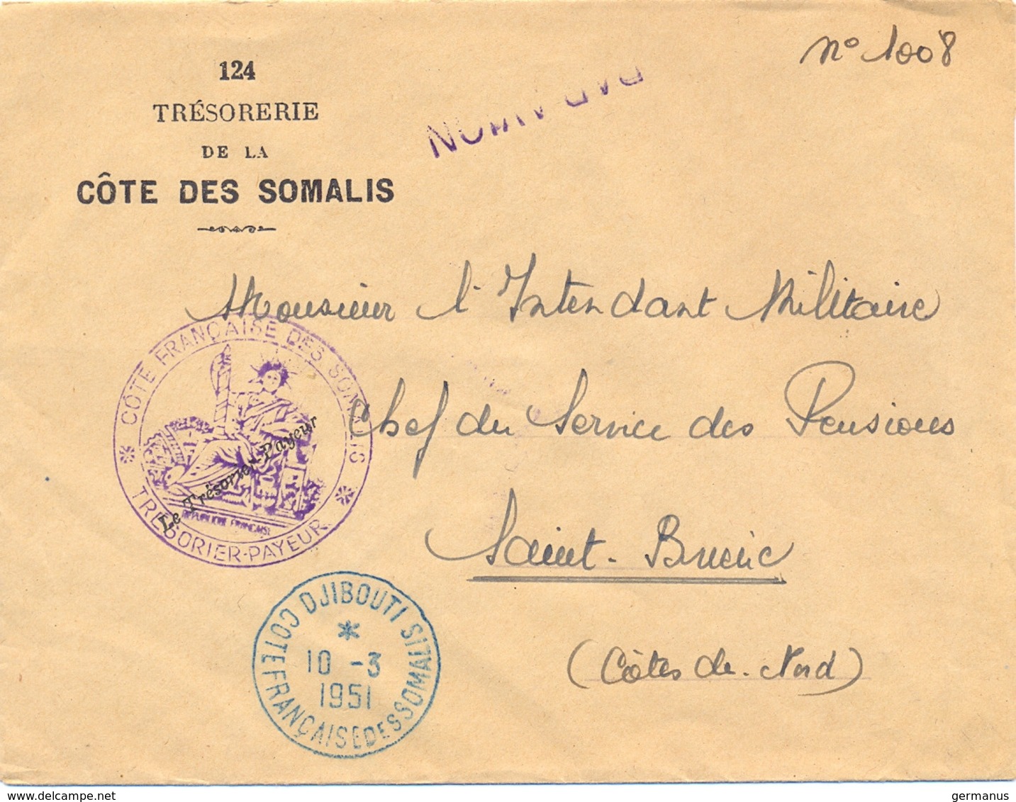 COTE FRANÇAISE DES SOMALIS TàD BLEU DJIBOUTI Du 10-3-1951 - Covers & Documents