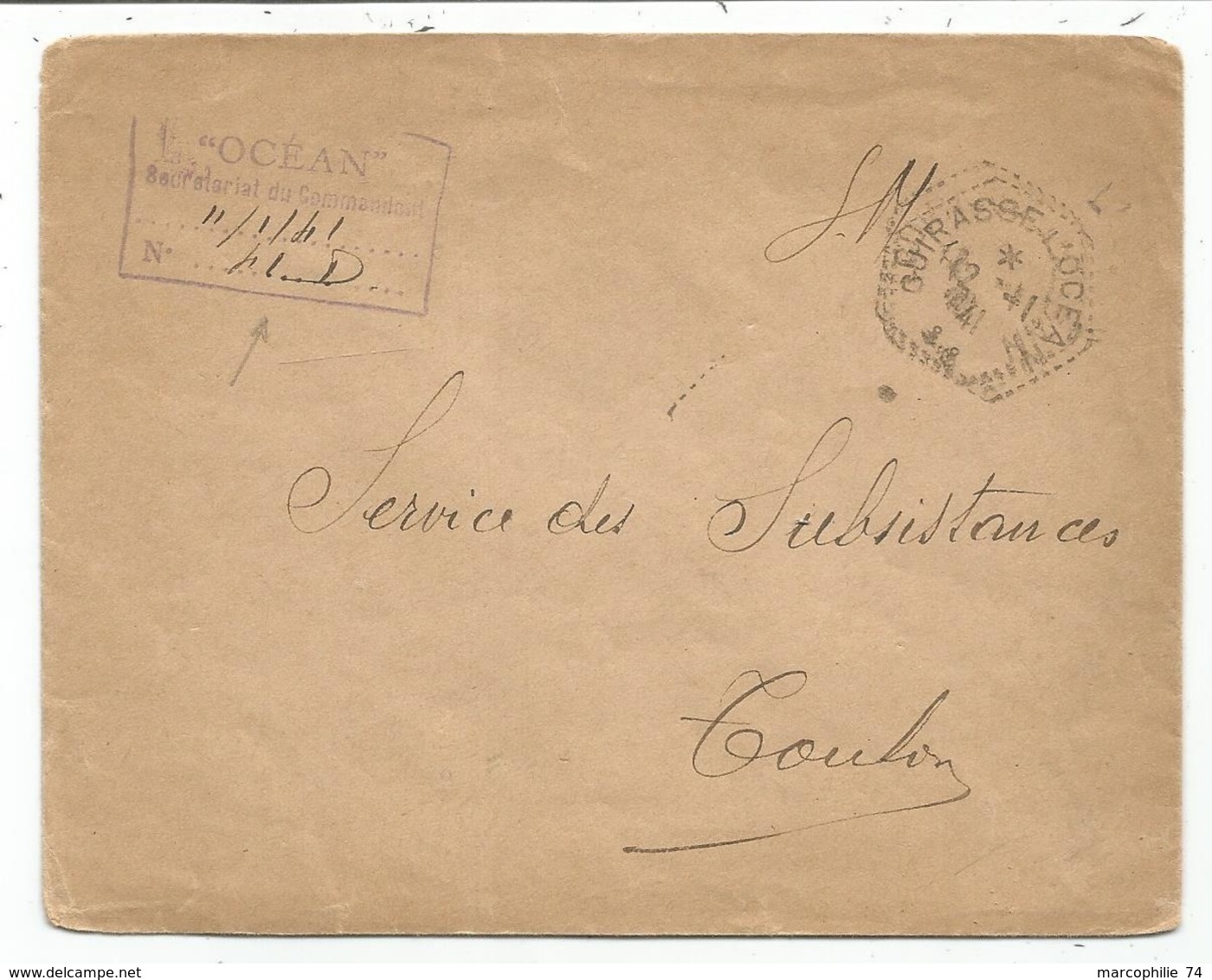 LETTRE FM C. HEX PERLE CUIRASSE L'OCEAN 12.1.1941 + GRIFFE SECRETARIAT OCEAN - Naval Post