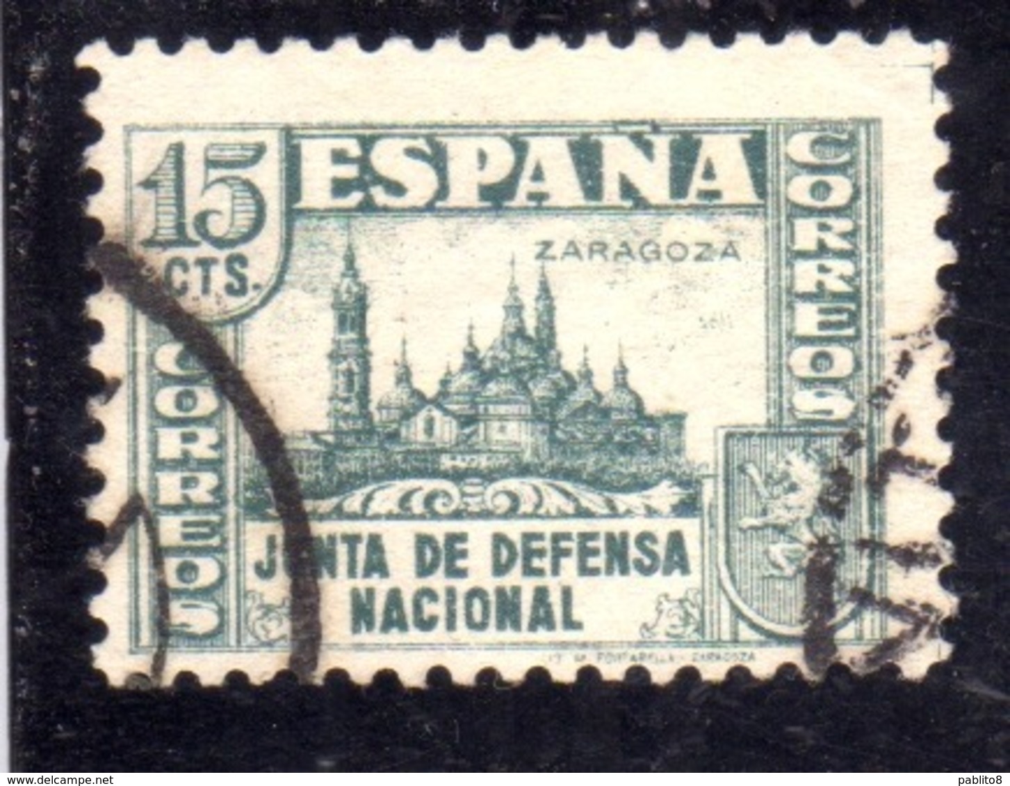 SPAIN ESPAÑA SPAGNA 1936 CATHEDRAL DEL PILAR ZARAGOZA JUNTA DE DEFENSA NATIONAL CENT. 15c USED USATO OBLITERE' - Oblitérés