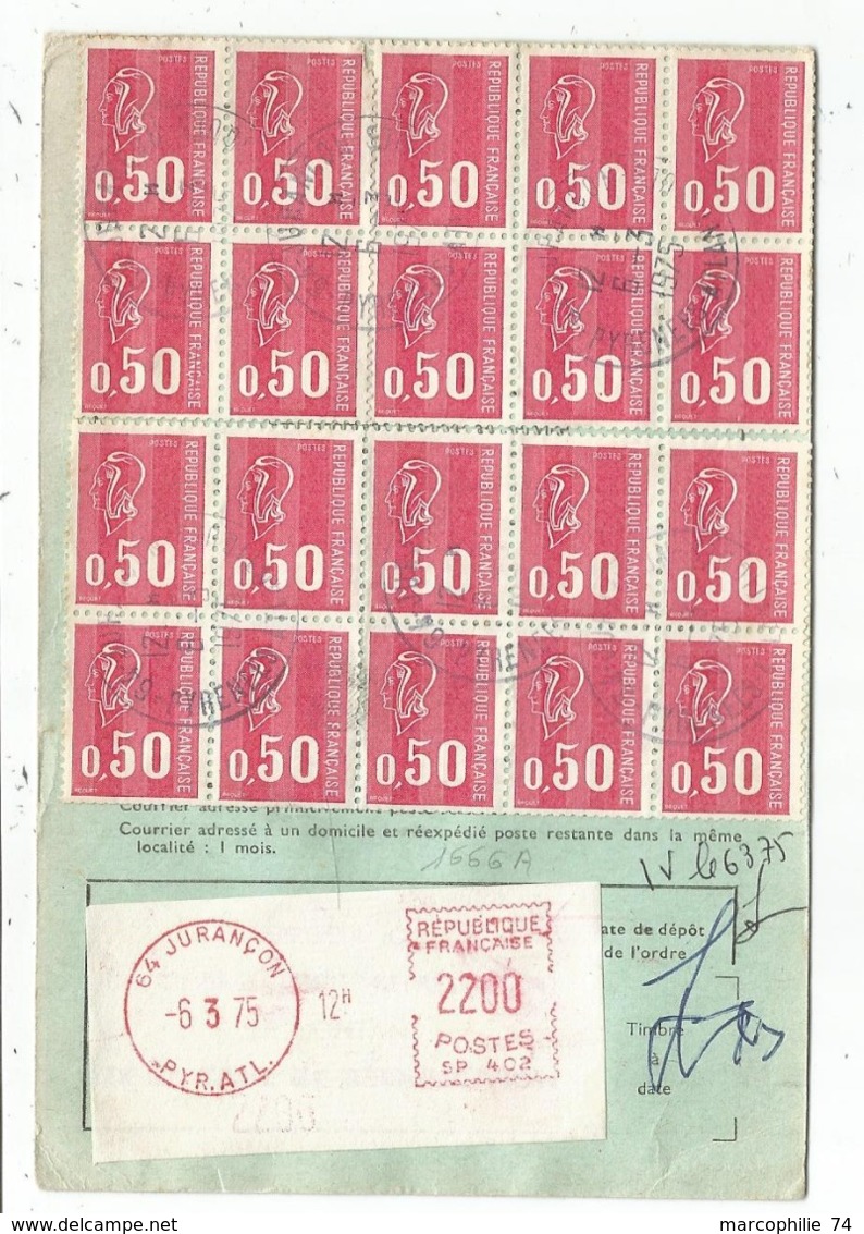 BEQUET 50C TIMBRE CARNET X20 + ETIQUETTE EMA 22.00 CARTE ORDRE REEXEDITION JURANCON PYR ATL 6.3.1975 - 1971-1976 Marianne De Béquet