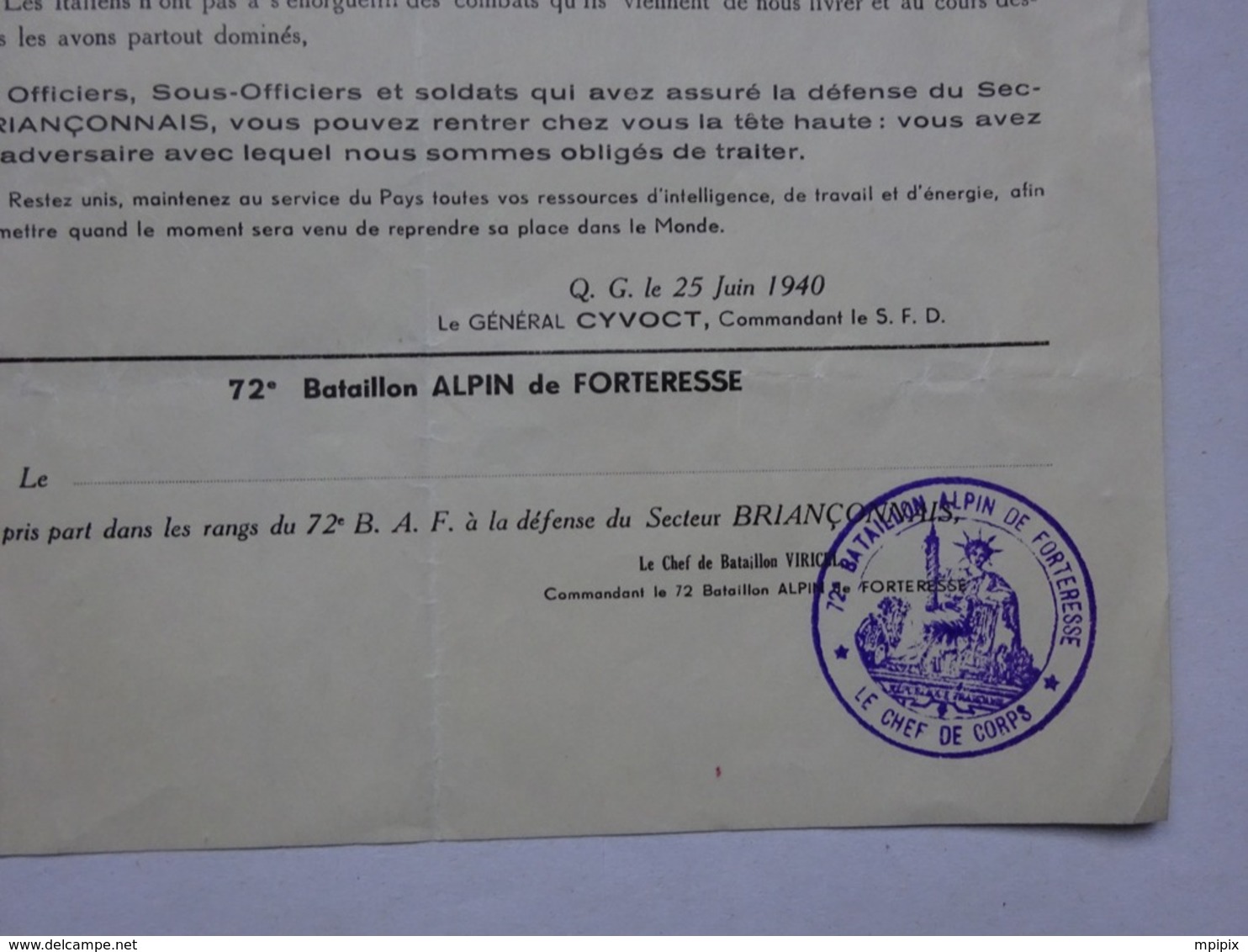 Militaria Ordre Général N°3 Briançon L'Armée Des Alpes A Cessé Le Combat 72° Bataillon Alpin De Forteresse B.A.F - Documents