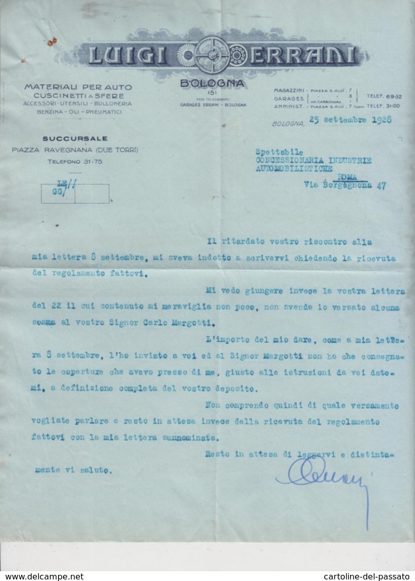 Bologna L. Errani Con Busta 1928 Storia Postale - Documents Historiques