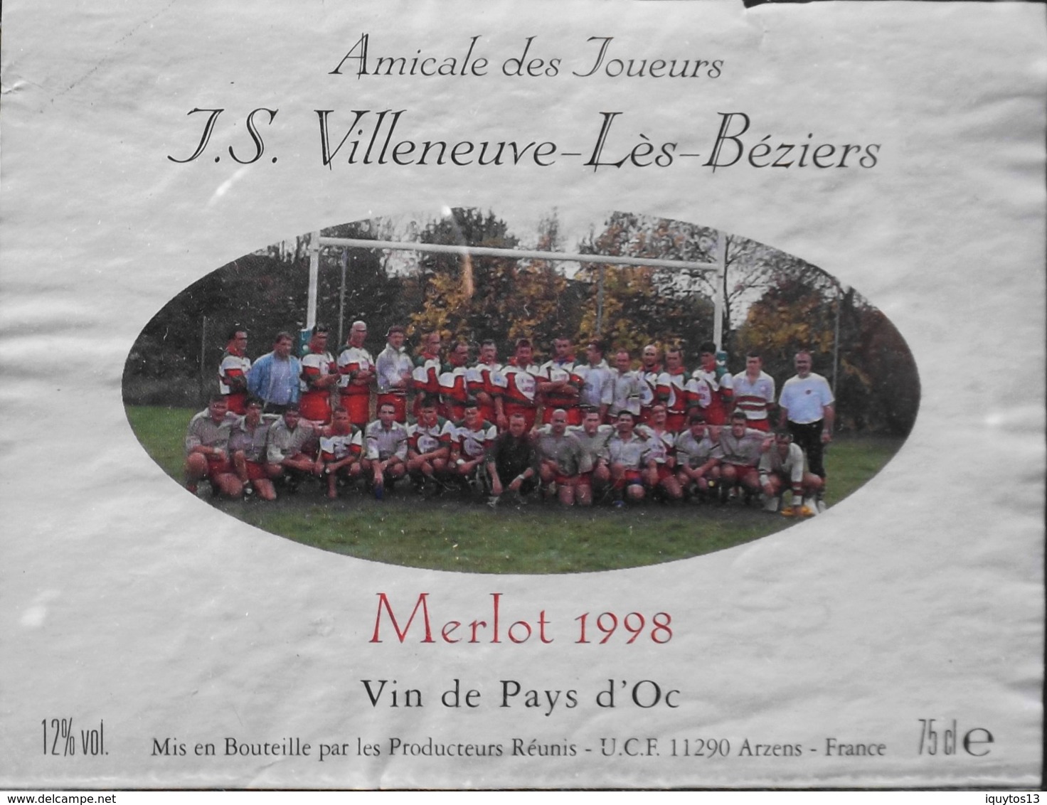 ETIQUETTE De VIN - De Pays D'OC - AMICALE Des JOUEURS J.S. Villeneuve-lès-Béziers - Merlot 1998 - BE - Fussball