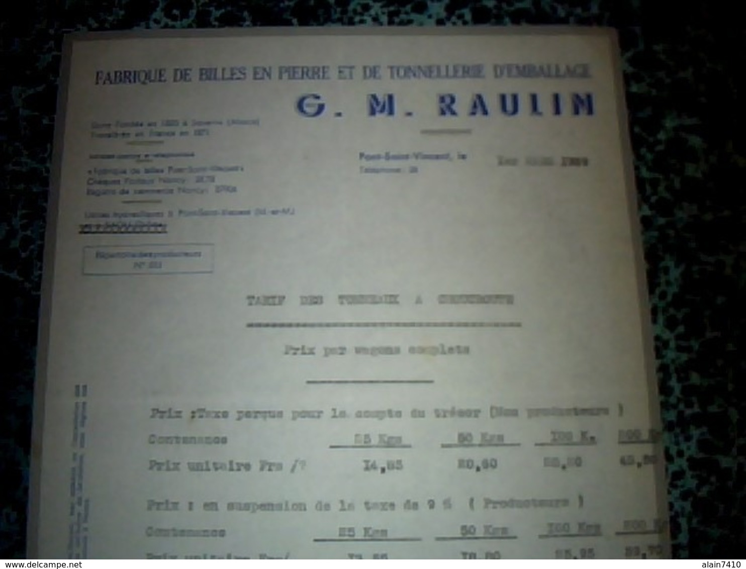 Facture    Année 1938 RAULIN  Fabrique De Billes En Pierre Et Tonnellerie D Emballage à Pont St Vincent - Autres & Non Classés