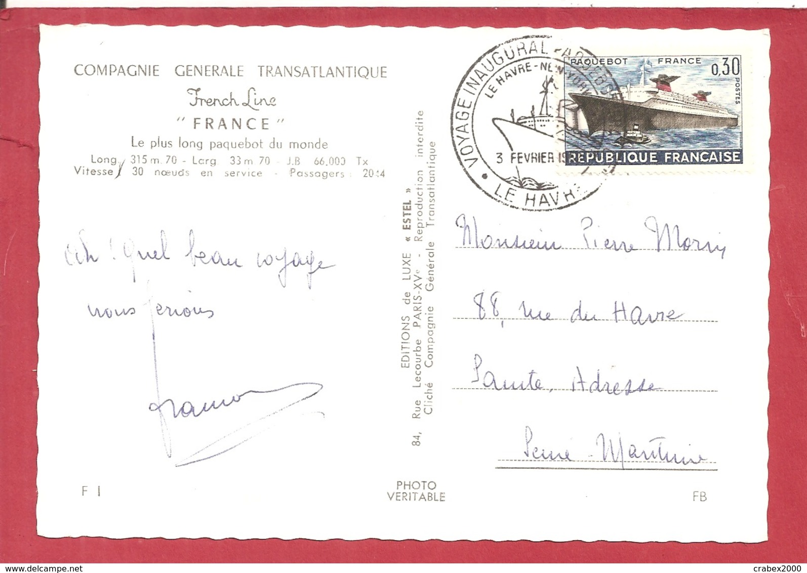 Y&T N°1325 VOYAGE INAUGURAL DU PAQUEBOT FRANCE  1962   2 SCANS - Poste Maritime