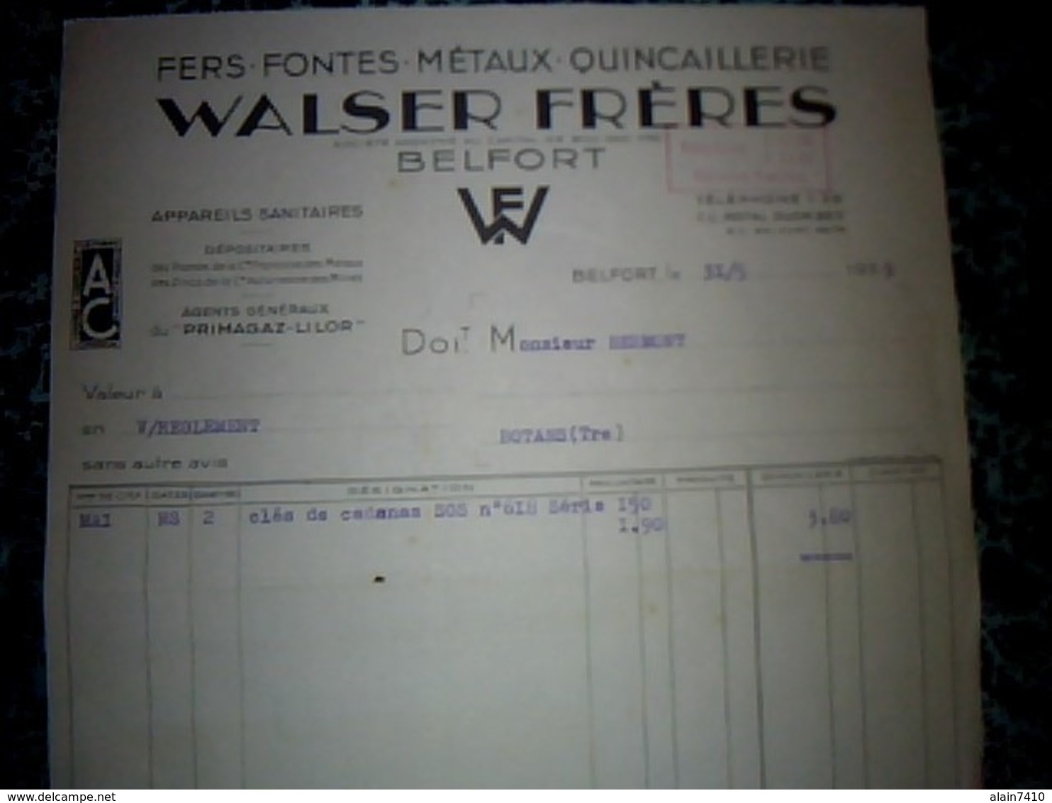 Facture  Année 1939 WALSER FRÈRES Fers Fontes Métaux à BELFORT Agent PRIMAGAZ - Autres & Non Classés