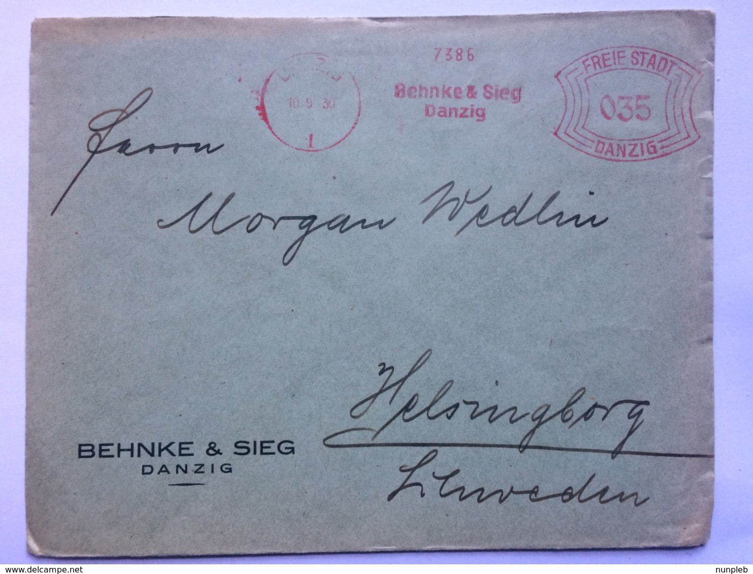 GERMANY 1932 Cover `Freie Stadt Danzig` Meter Mark 35 Pf Rate Sent To Helsingborgs Sweden - Briefe U. Dokumente