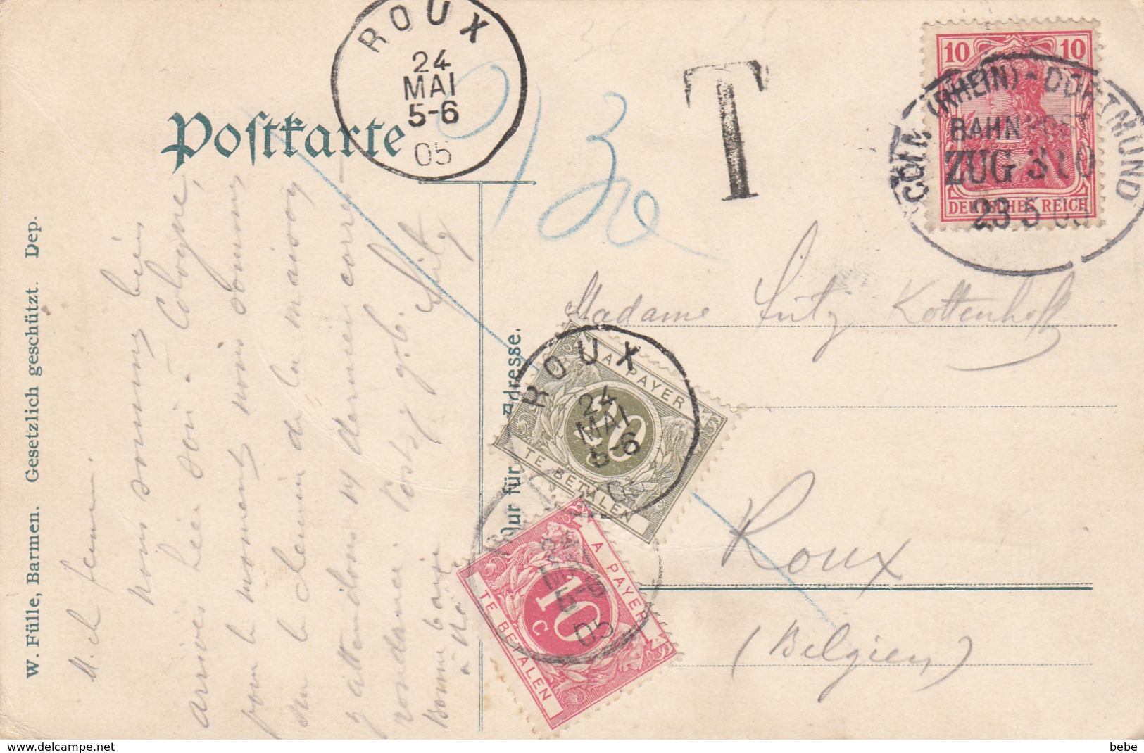 OBLITERATION AMBULANT COLN-DORTMUND SUR CARTE POSTALE TAXE A SON ARRIVEE A ROUX - Lettres & Documents