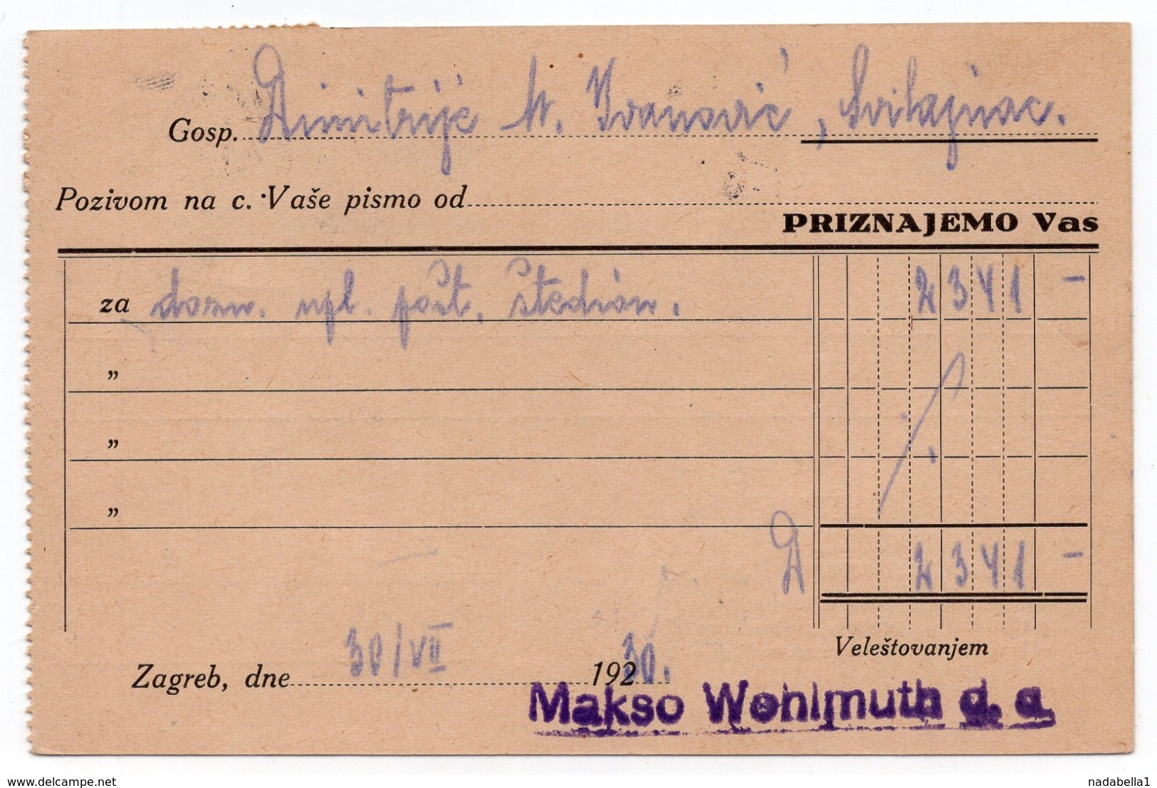 1930 YUGOSLAVIA, CROATIA, ZAGREB TO SVILAJNAC, MAKSO WOHLMUTH, ZAGREB, CORRESPONDENCE CARD - Covers & Documents