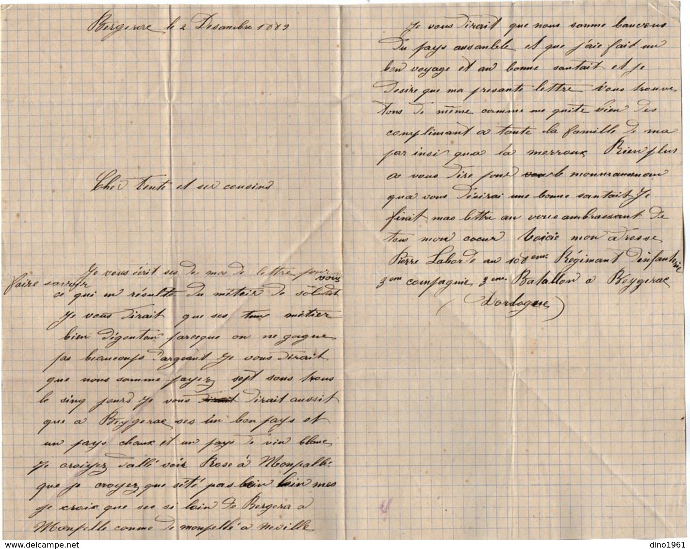 VP15.828 - MILITARIA - BERGERAC 1889 - Lettre Du Soldat Pierre LABORDE Au 108 ème Rgt D'Infanterie - Documents