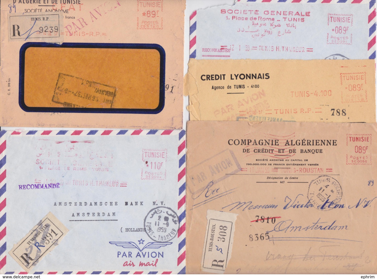 Tunisie Tunis Lot De 5 Enveloppes Recommandées EMA Banque Crédit Lyonnais Foncier Société Générale Amsterdam 1955/59 - Tunisia (1956-...)