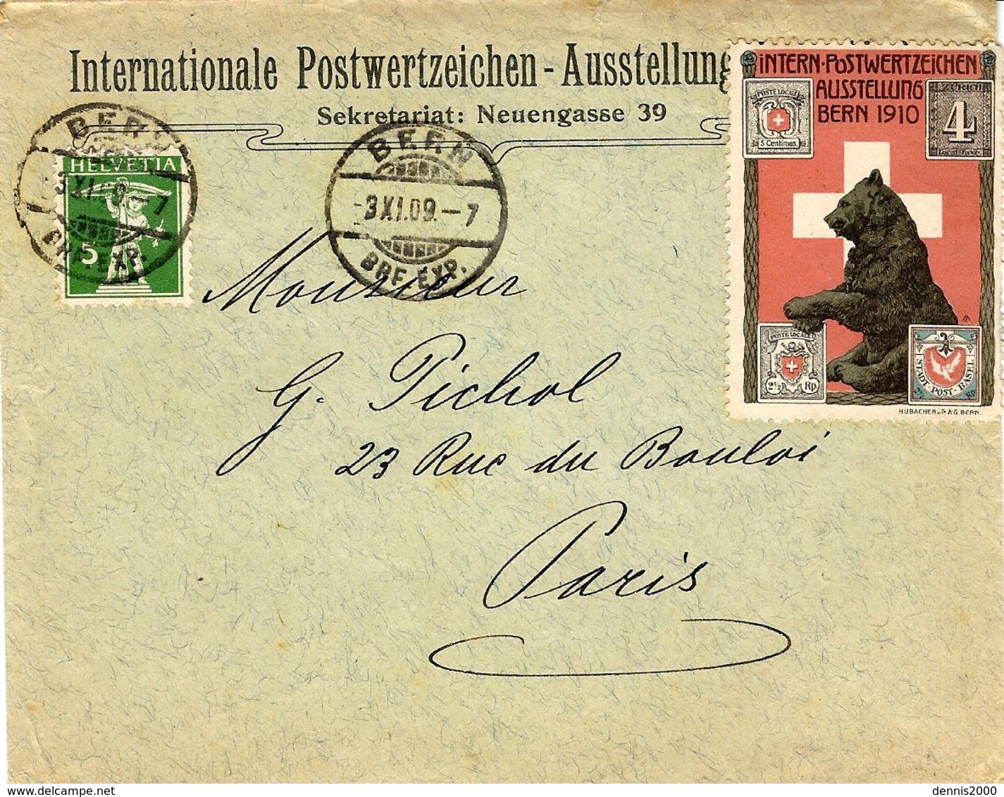 1909- Enveloppe Ouverte Affr. 5 C  De BERN + Vignette Intern-Postwertzekhen Ausstellung BERN 1910 - Brieven En Documenten