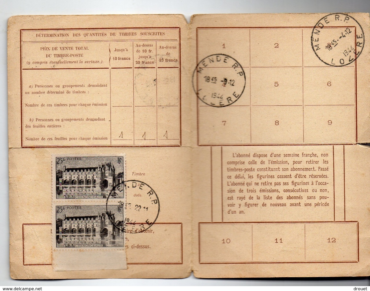 CARTE D'ABONNEMENT - MENDE - 25 C En Paire -CHENONCEAUX 1944 - 1921-1960: Période Moderne