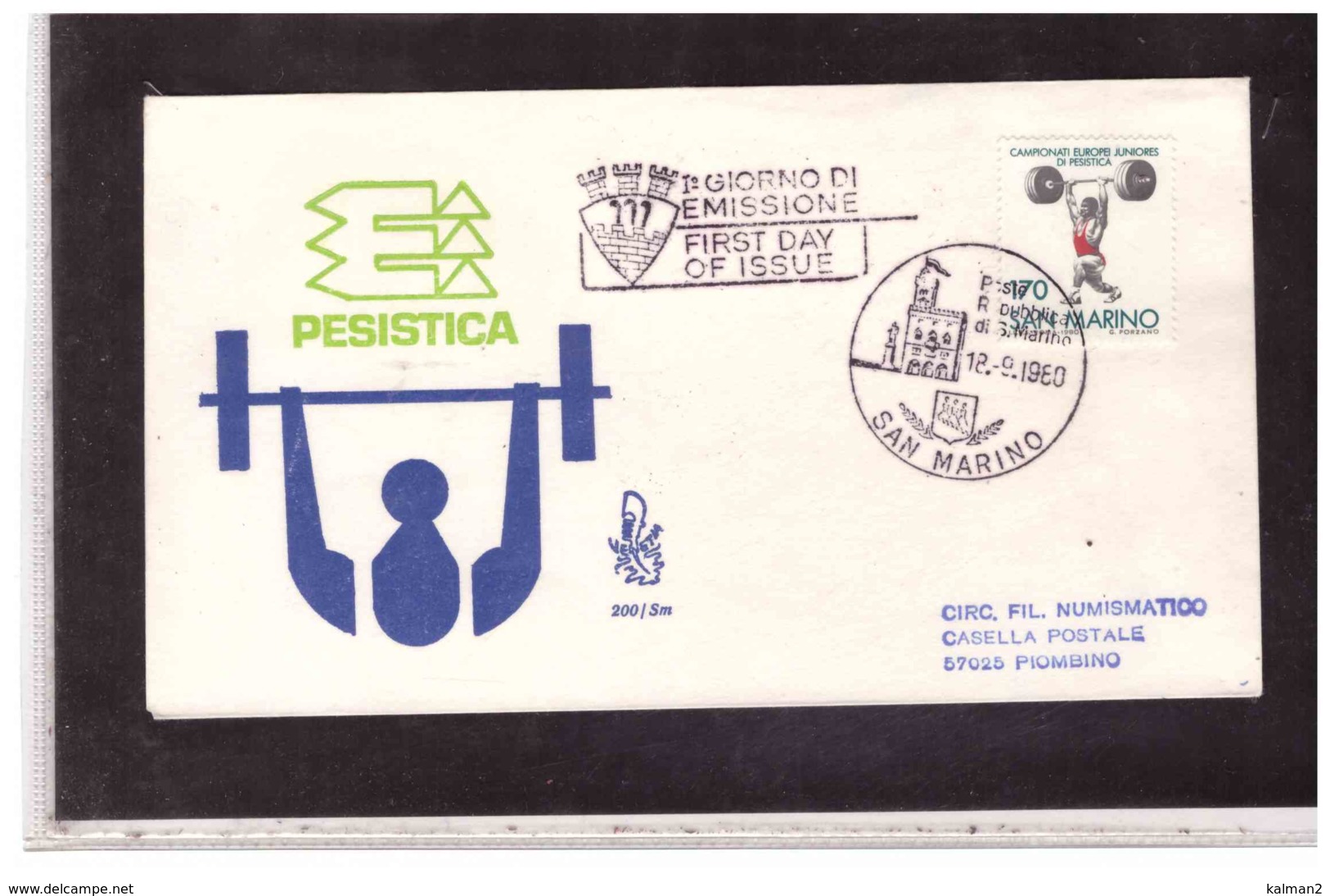 FDC5409   -   SAN MARINO  12.9.1980    /   FDC  CAMP.EUROPEI JUNIORES DI PESISTICA  -  CAT.UNIFICATO  1064 - Pesistica