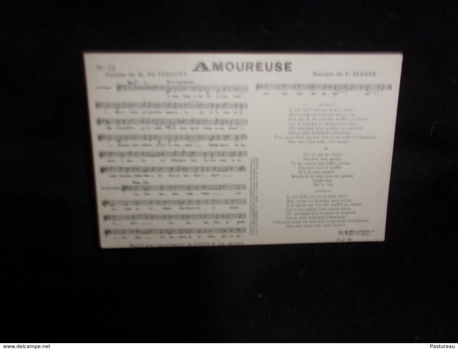 Carte Partition. " Amoureuse  " Musique De Berger. Paroles De M . De Féraudy. Voir 2 Scans . - Musique Et Musiciens