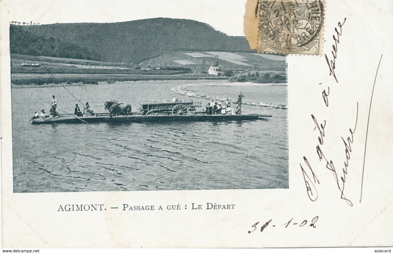 Agimont Hastières Passage à Gué . Depart . Ferry Boat . Attelage Cheval  1902 - Hastière