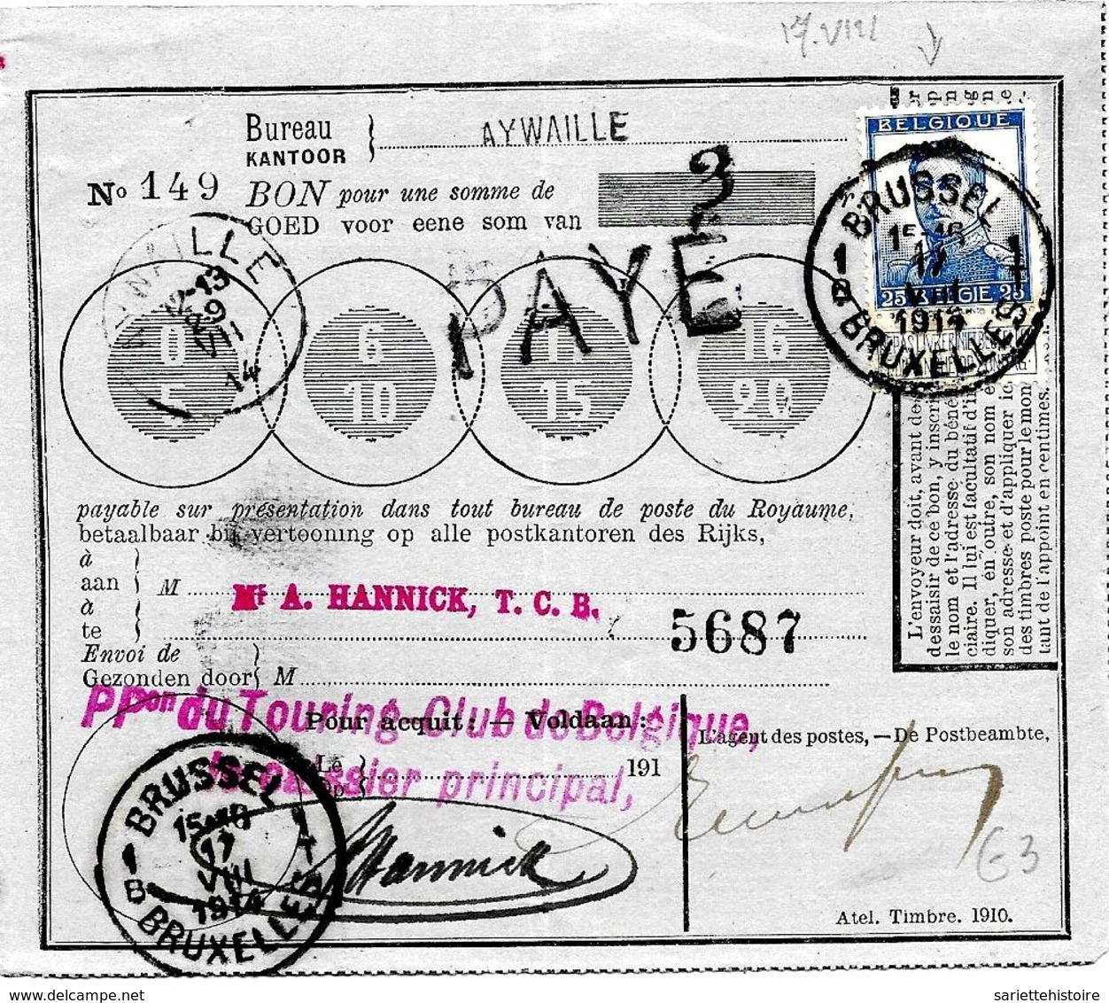 SH 0132. N° 120 Obl. BRUXELLES 1 - 17.VIII.14 S/Bon De POSTE D' AYWAILLE (GRIFFE + Càd 29.VII.14). GFF PAYE Et "3" (Fr). - Other & Unclassified