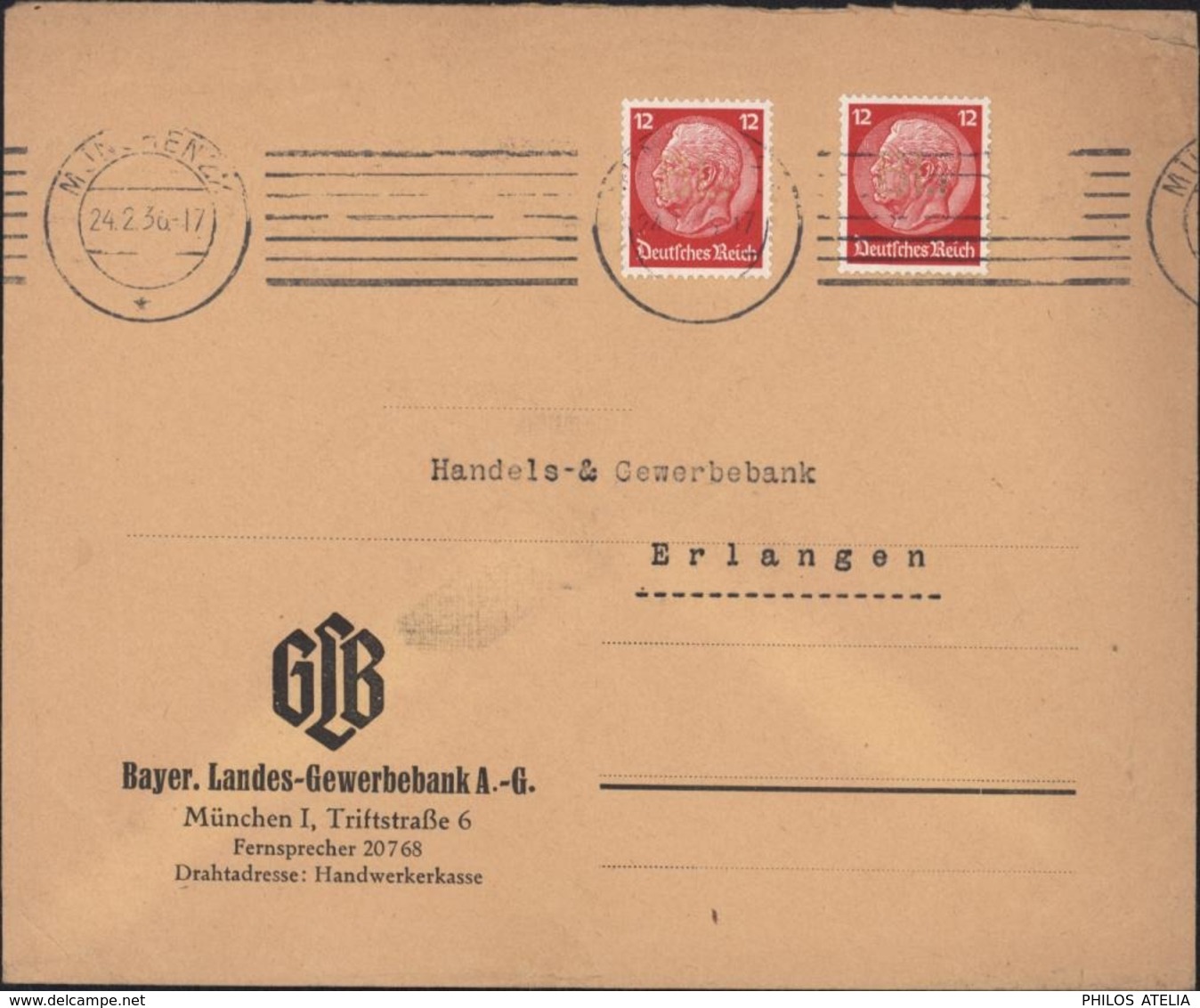 Hindenburg 12 PF Rouge X2 Perforé Perfo BL Enveloppe GLB Bayer Lands Gewerbeban AG CAD Munchen 22  24 2 36 - Briefe U. Dokumente