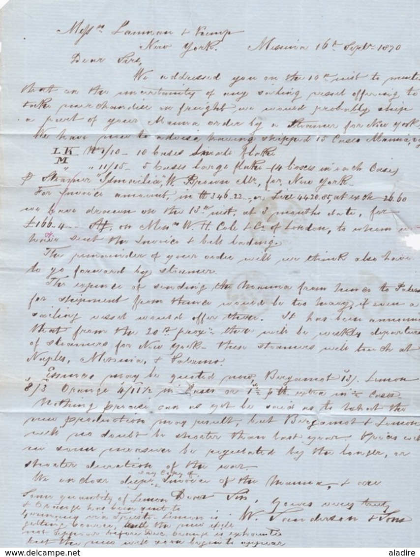 1870 - Lettre avec correspondance en anglais de Messina, Italia vers New York, USA -  par paquebot à vapeur français