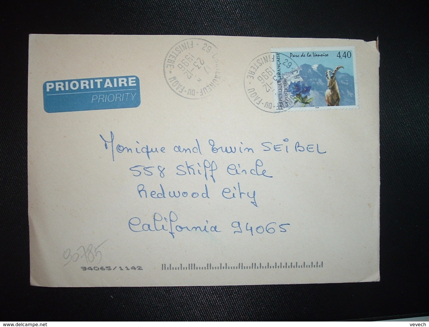 LETTRE Pour USA TP PARC DE LA VANOISE 4,40 OBL.23-12 1996 29 CHATEAUNEUF DU FAON FINISTERE - Cachets Manuels