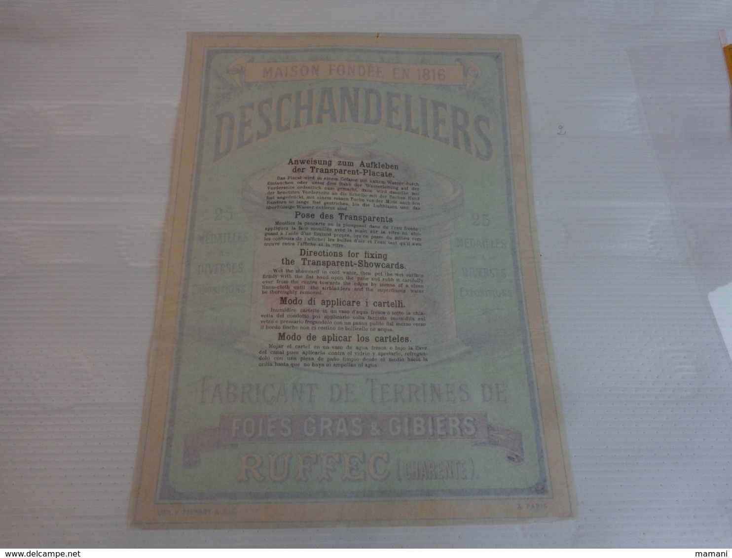 Publicite Adhesive -foies Gras Et Gibiers-------ruffec-deschandeliers -fabricant De Terrines-21x29.7- N°1 - Werbung